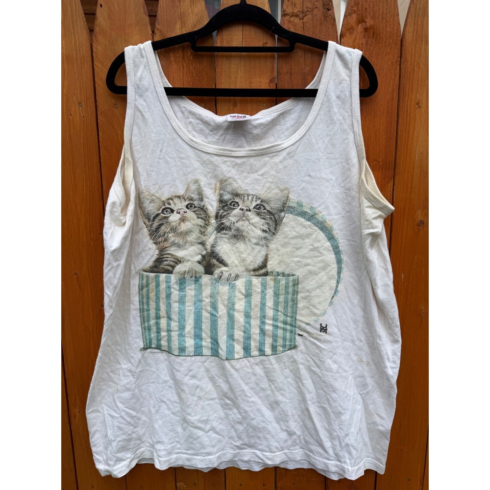 Vintage Anvil Kittens in Basket Graphic Tank Top White XL Women Cotton 90s